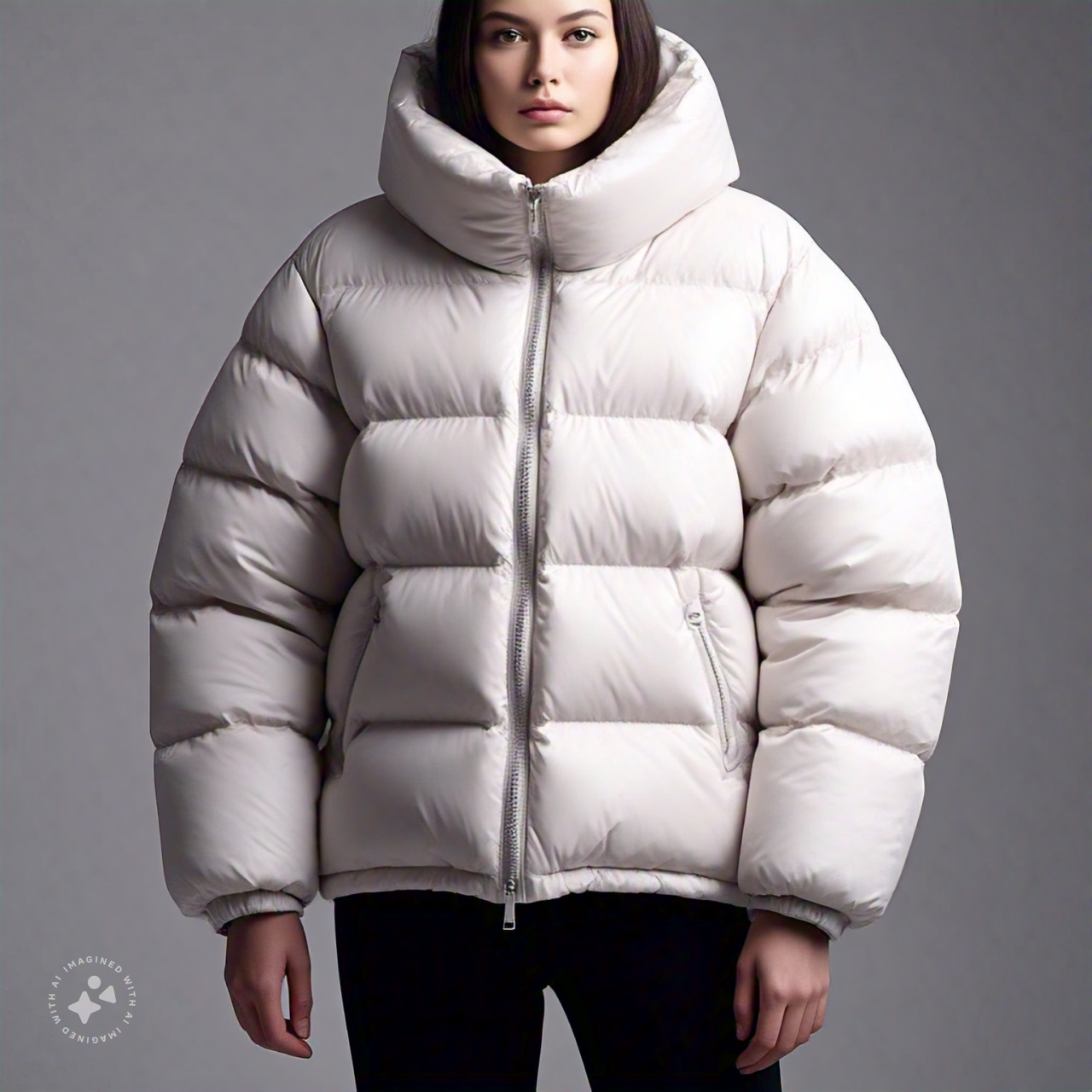 Women's Oversized Off-White Puffer Jacket Front View - Image 5