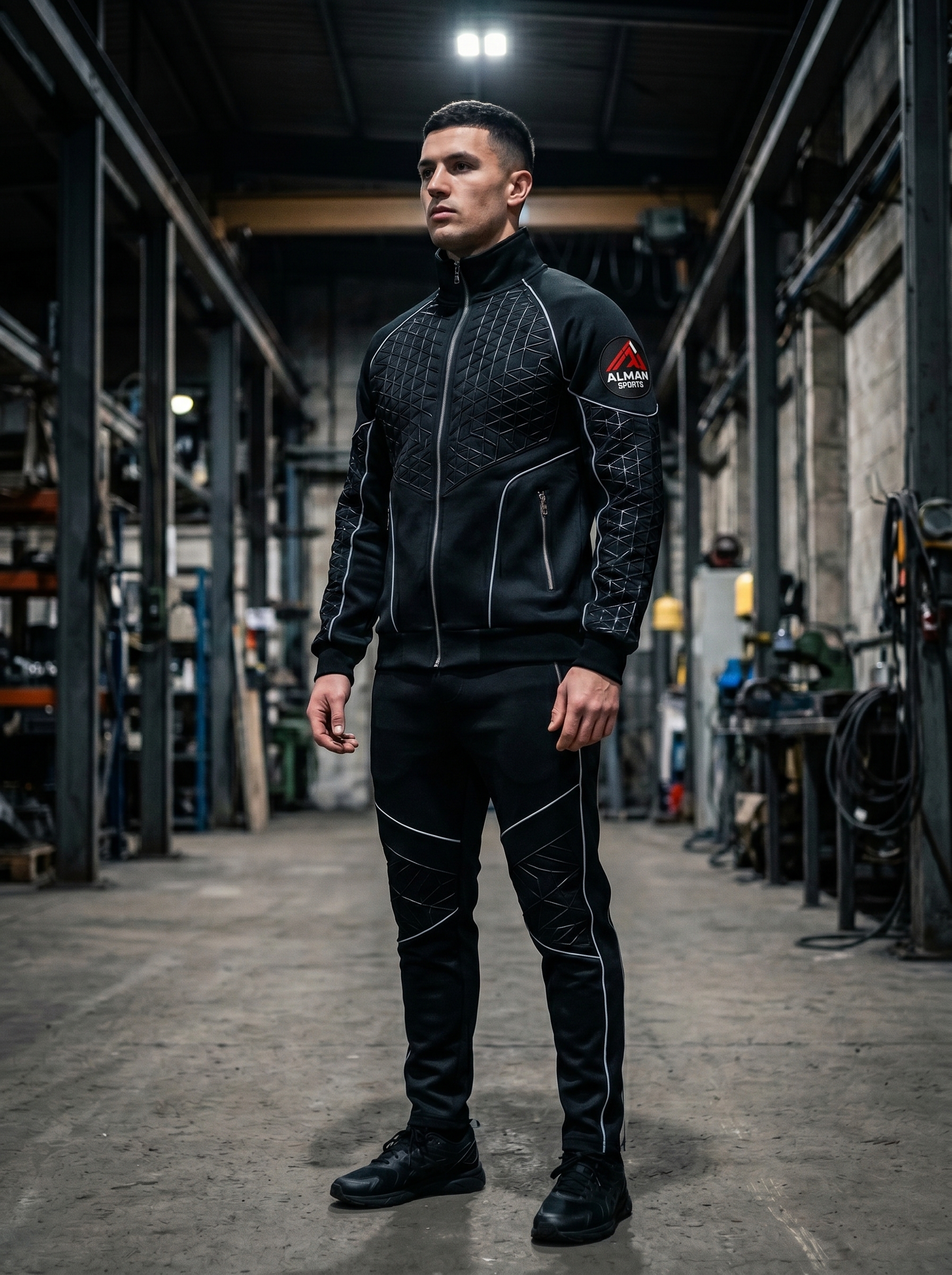 Premium Matte Black 220 GSM Polyester Tracksuit | Geometric Pattern Athleisure Set