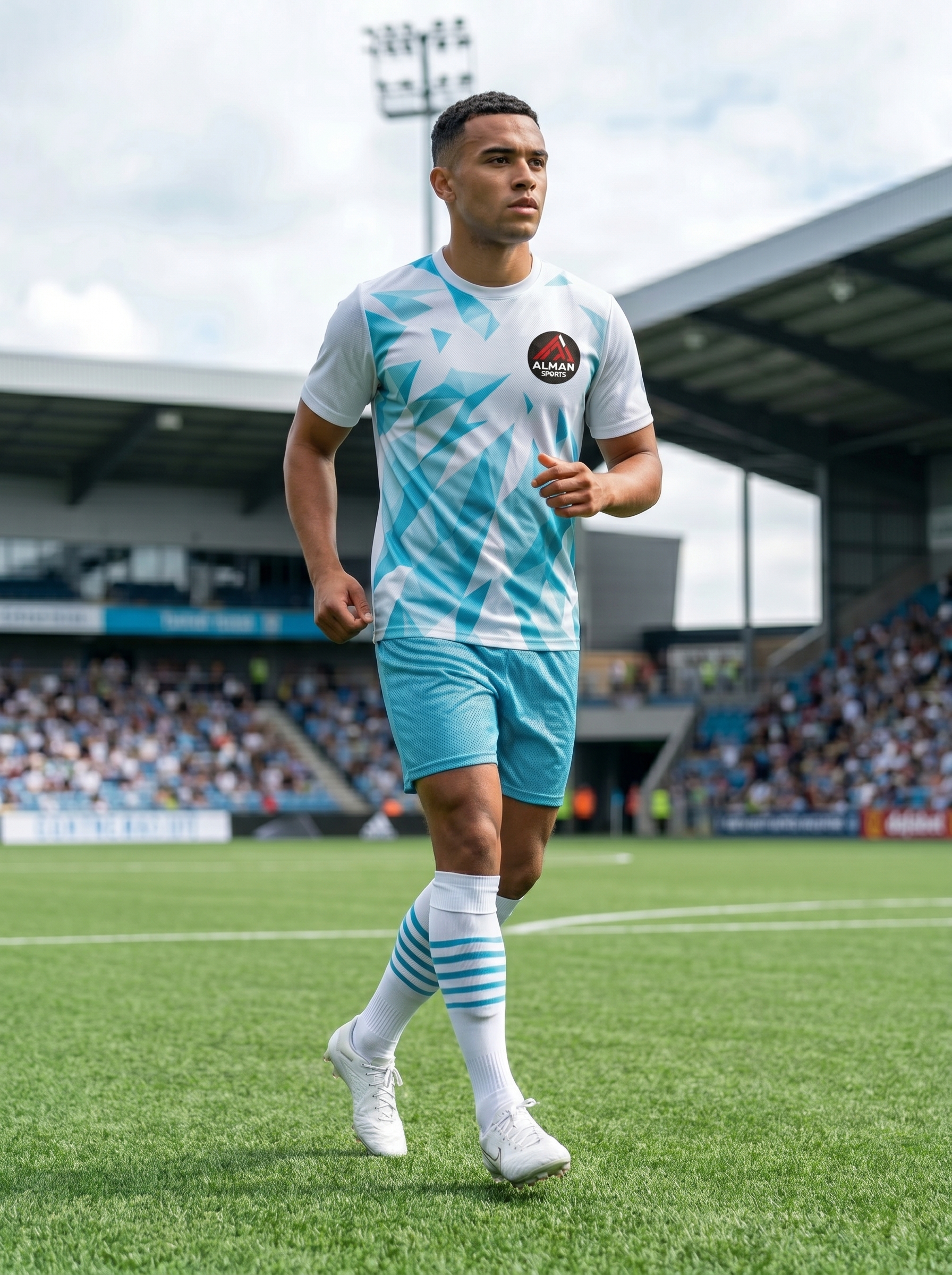 Custom Cyan & White Geometric Football Kit | Premium Soccer Uniform