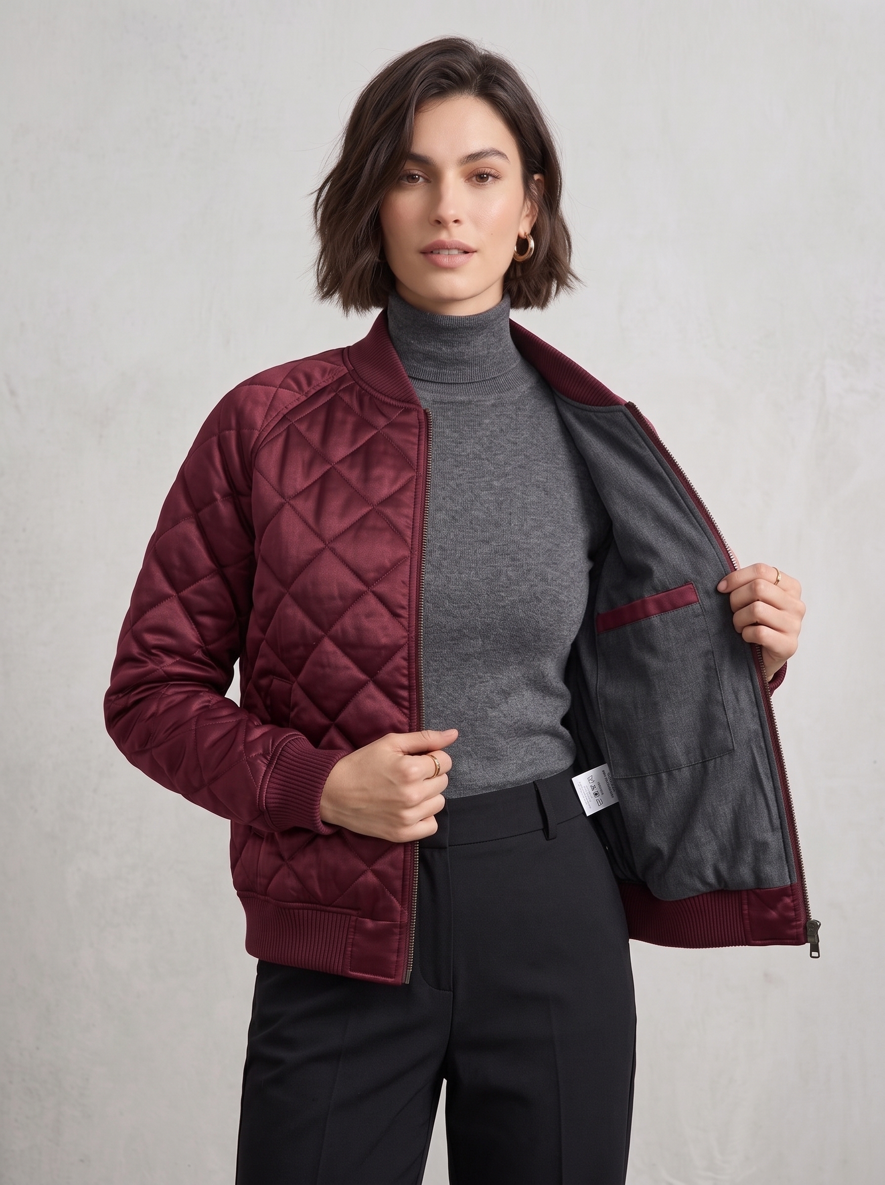 The Luxe Quilted Satin Bomber Jacket | Deep Burgundy - Image 6