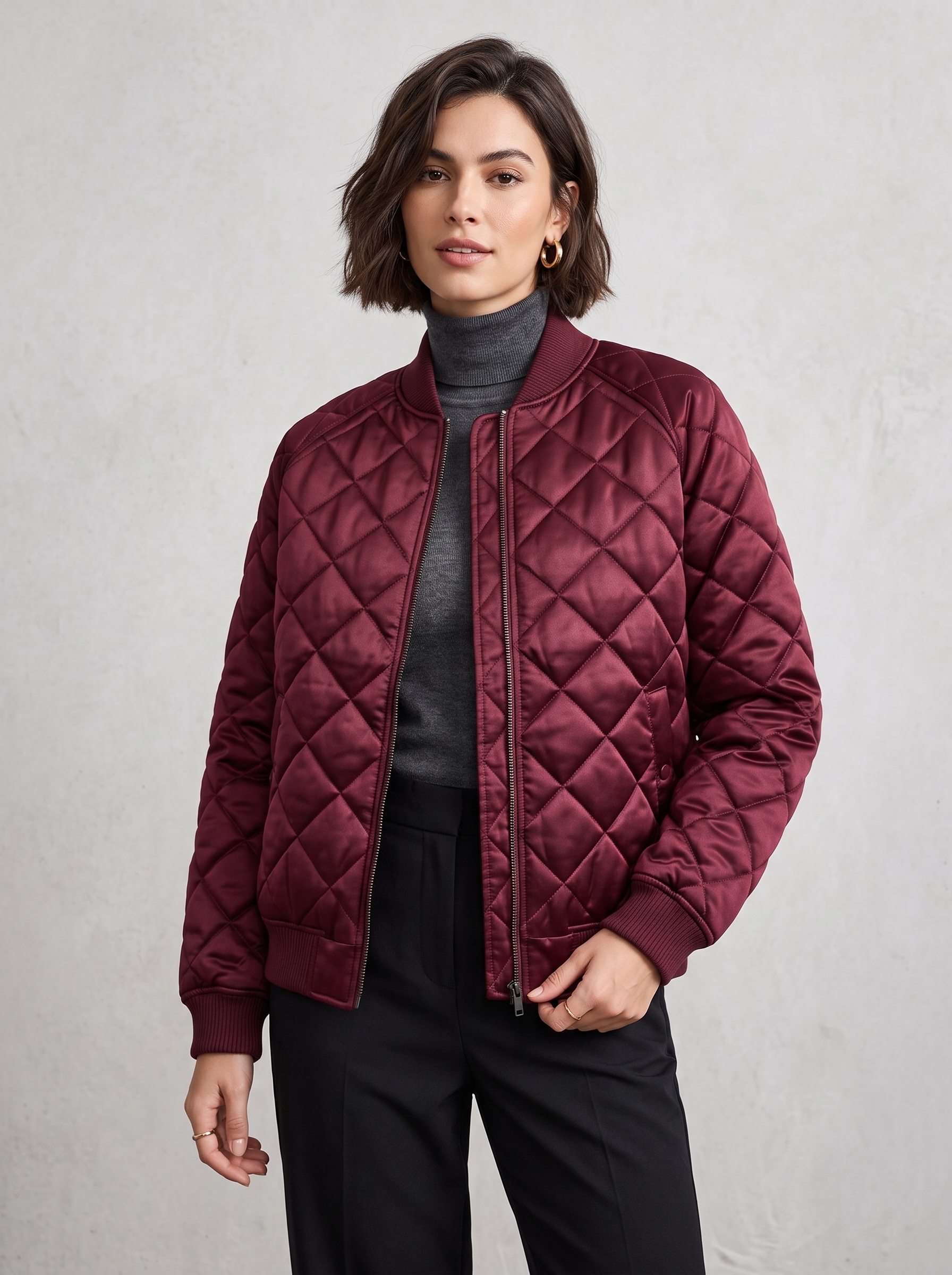 The Luxe Quilted Satin Bomber Jacket | Deep Burgundy