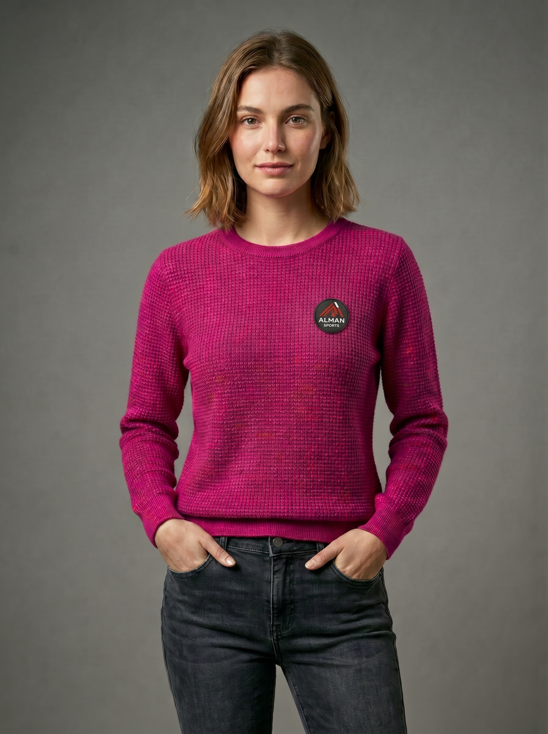 Women’s Magenta Waffle-Knit Crewneck Sweater | Alman Sports