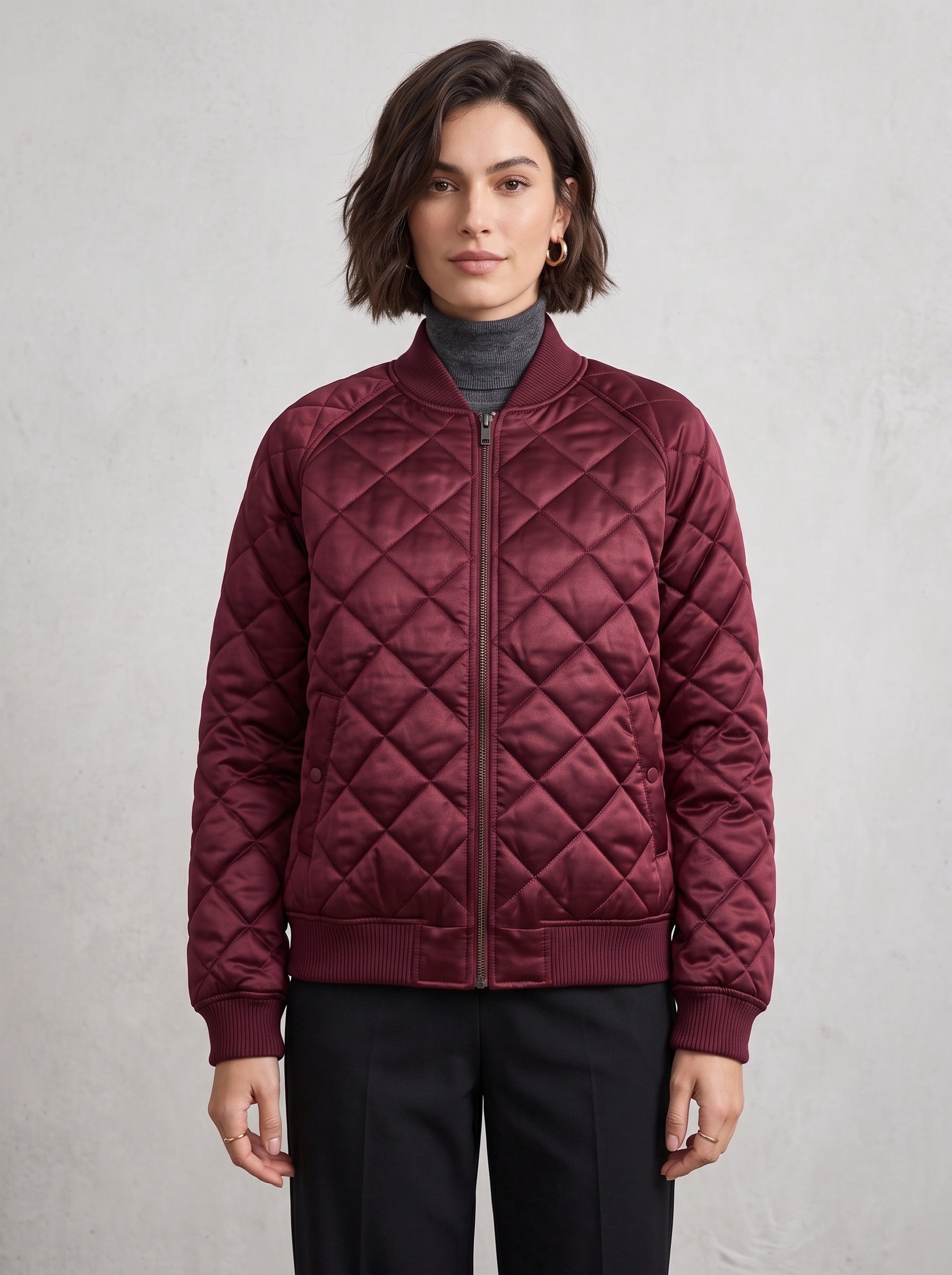 The Luxe Quilted Satin Bomber Jacket | Deep Burgundy - Image 4